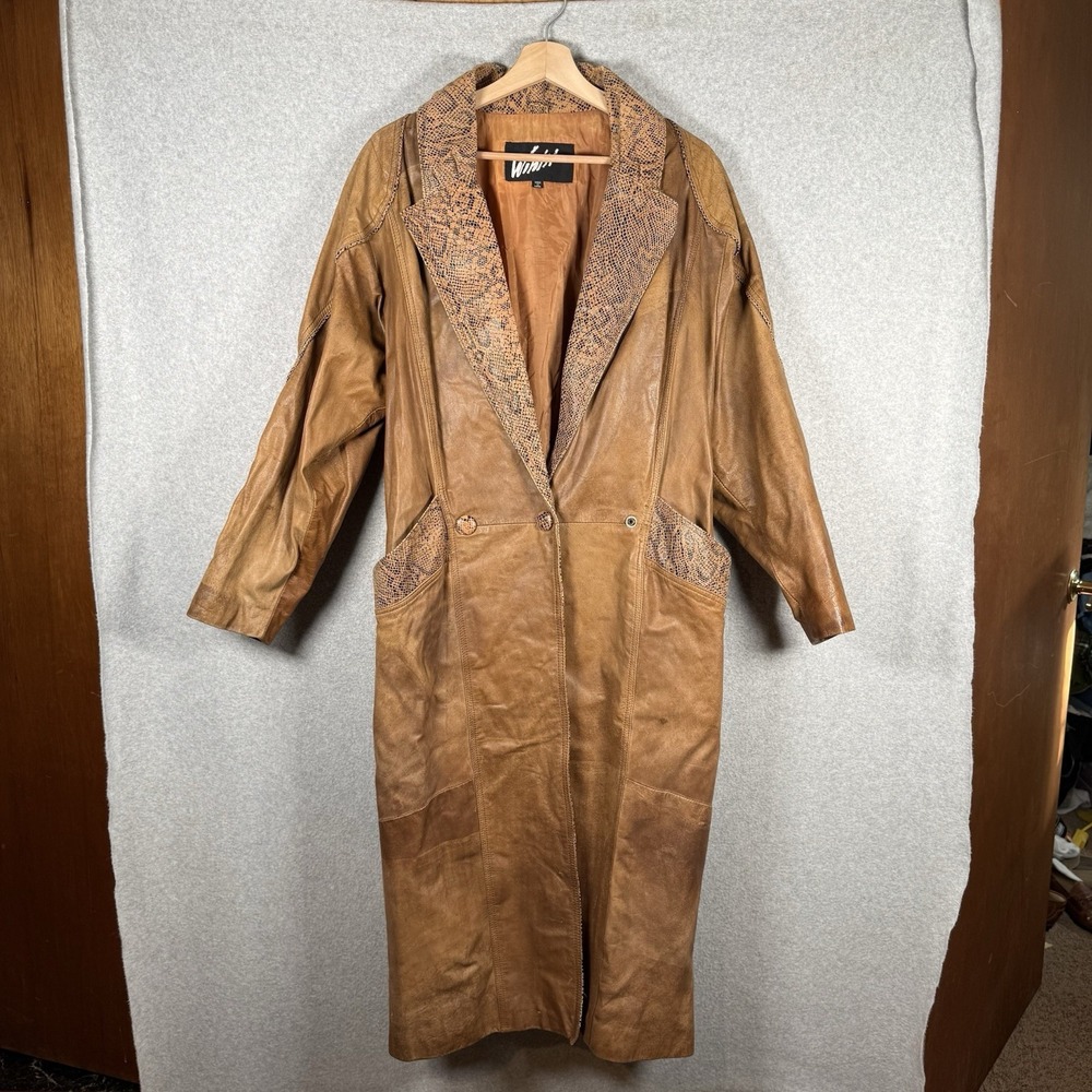 Winlit leather jacket womens Large brown snakeskin trim trench maxi coat vintage
